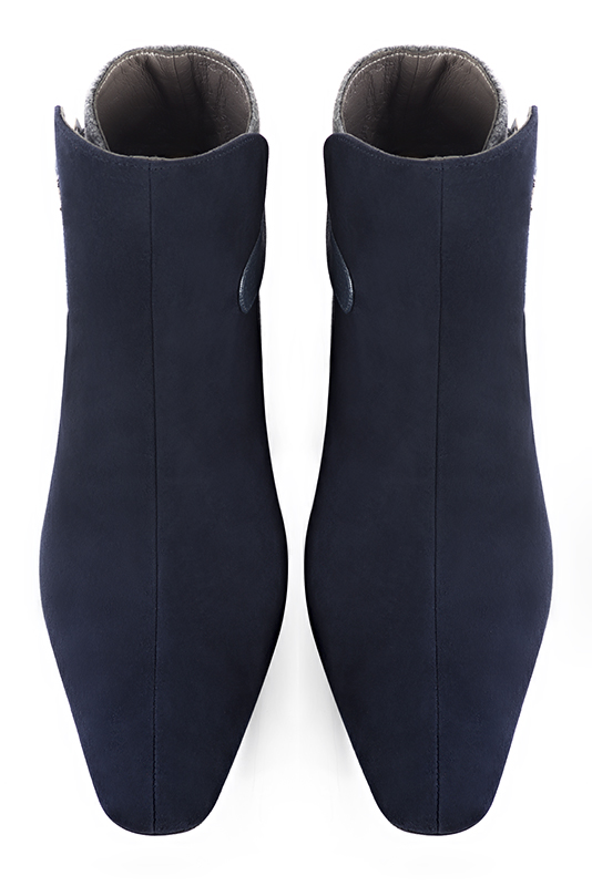 Women's navy blue, ash grey and prussian blue elegant ankle boots, with buckles at the back. Square toe. Medium block heels - Top view